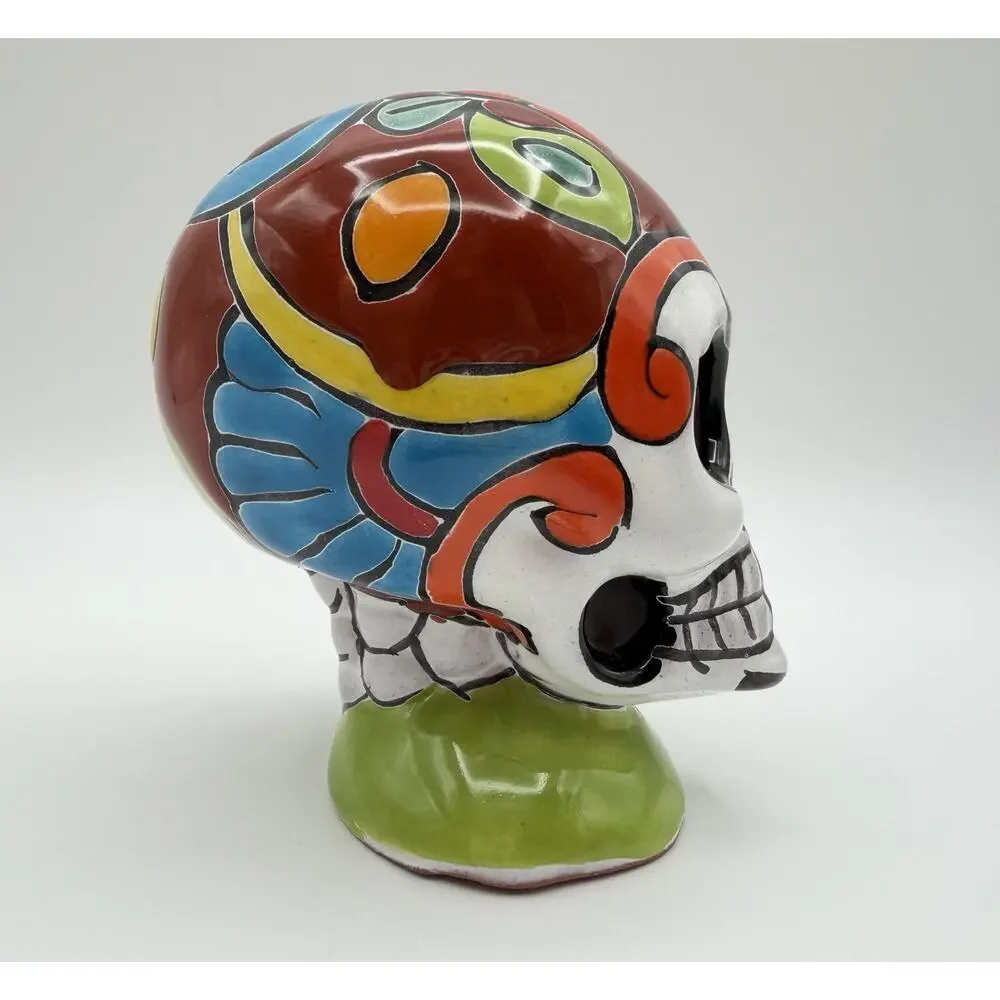 Talavera Mexican Pottery Day of the Dead Skull Figurine 5” Hand Painted Mexico